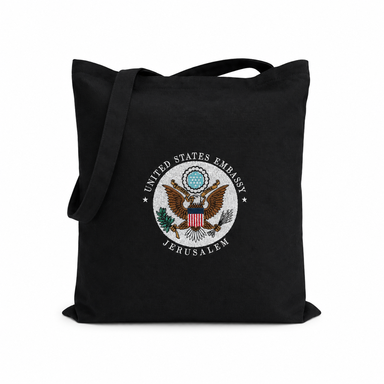 Black Cotton Tote Bag: Embassy Seal