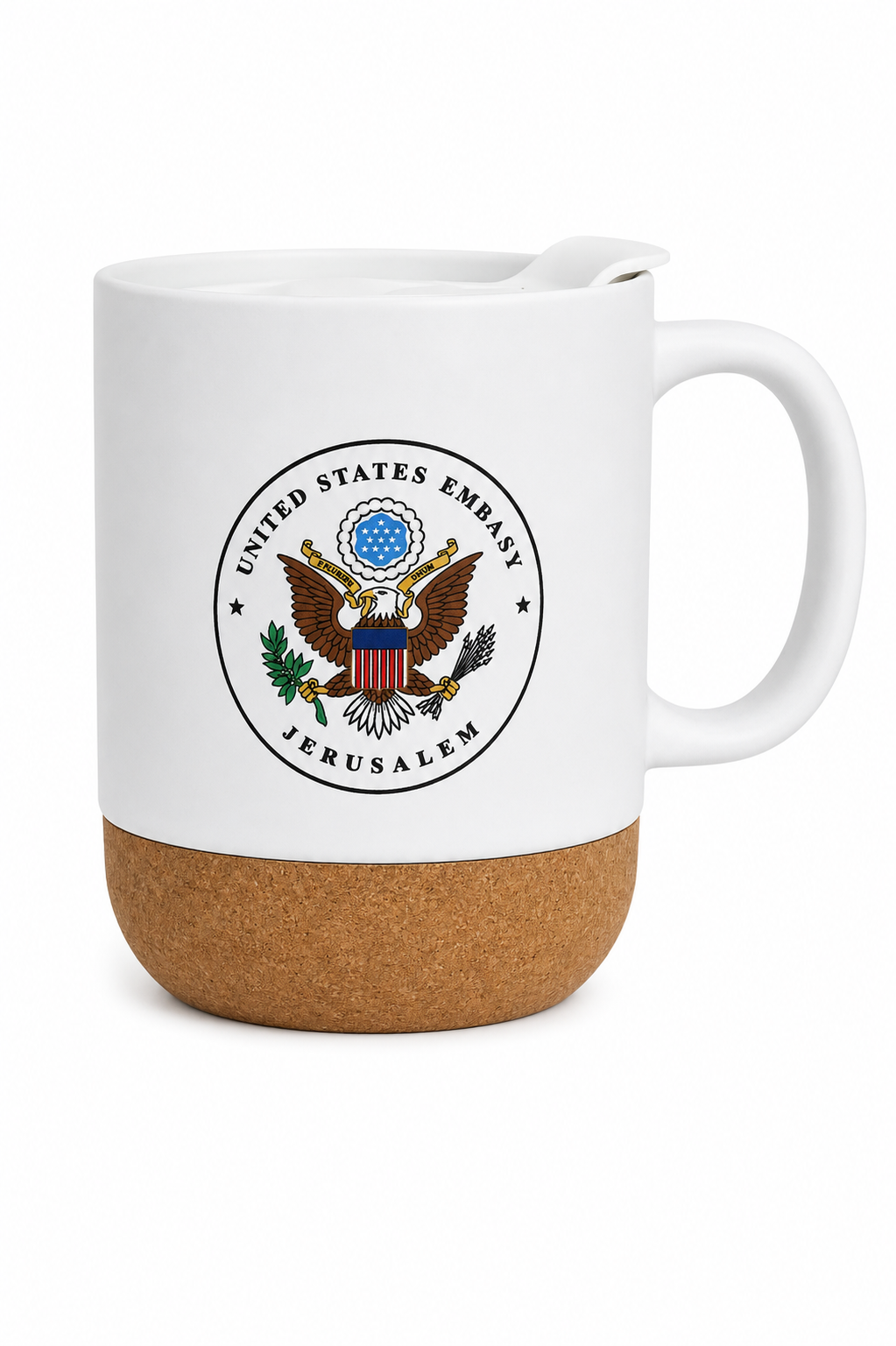 Ceramic Mug with Cork Bottom: Embassy Seal (Jerusalem/Tel Aviv)