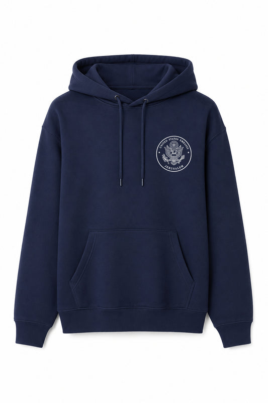 Hoodie: Embassy Seal & Jerusalem Skyline (Navy)