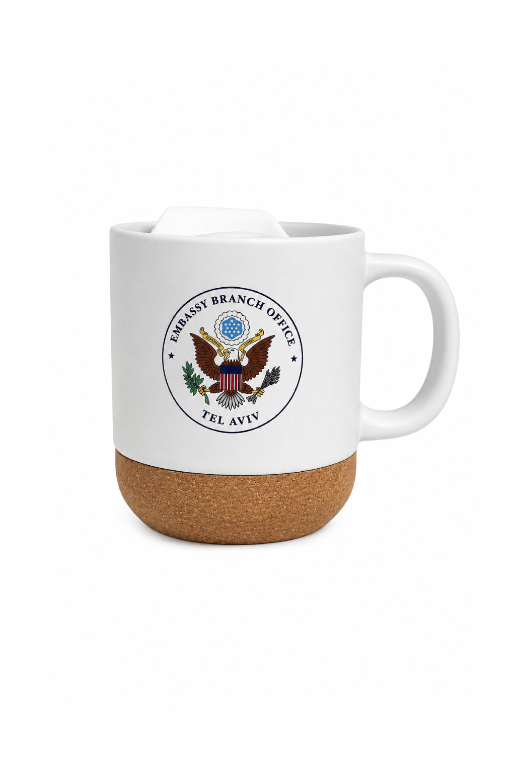 Ceramic Mug with Cork Bottom: Embassy Seal (Jerusalem/Tel Aviv)
