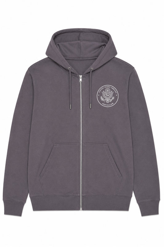 Zip Hoodie: Embassy Seal & Jerusalem Skyline (Grey/Black)